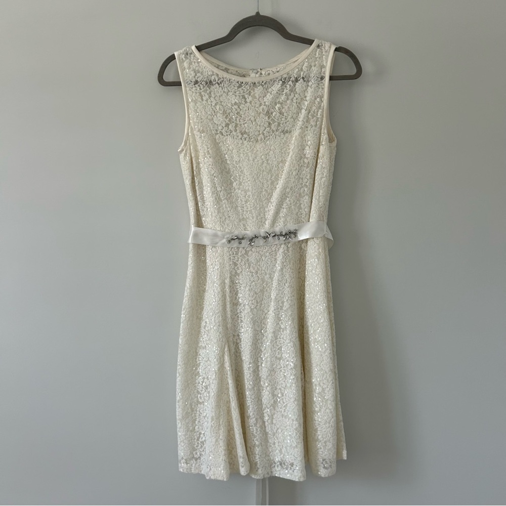 Teri Jon by Rickie Freeman Ivory Lace Sequin Illusion Neckline Lace Mini Dress 8